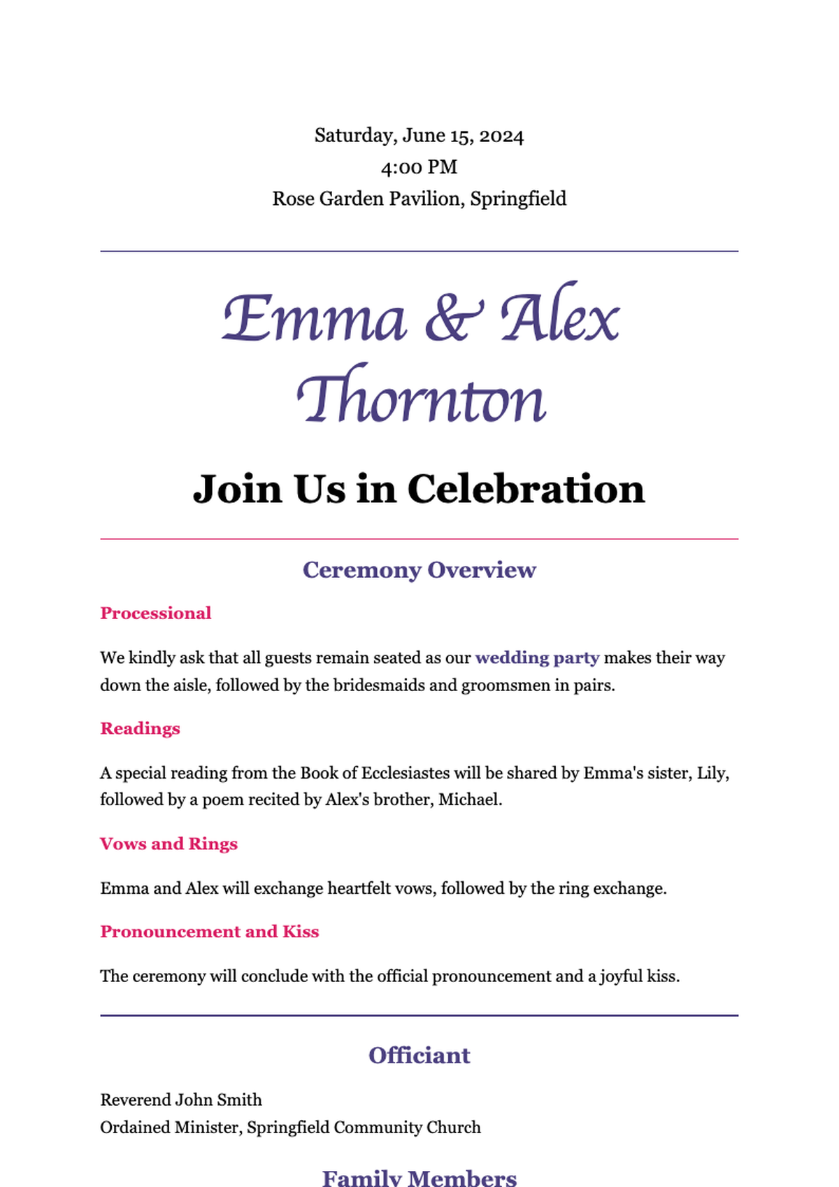 Wedding ceremony program with purple and pink accents_variant_1